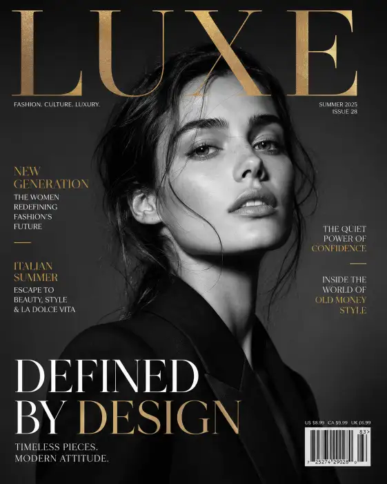 Create a high-end fashion magazine cover featuring a close-up black and white portrait of a confident young woman with soft natural makeup and slightly tousled hair, wearing a structured dark blazer, dramatic studio lighting with strong shadows and highlights across her face, clean minimal background fading into darkness, sharp editorial photography style, elegant composition with large modern serif masthead at the top and balanced cover lines placed around the subject, use refined typography with a mix of bold and thin fonts, subtle gold accents for some text, include a strong main headline in large type near the lower half, realistic print details like barcode and issue date, cinematic contrast, premium luxury aesthetic, aspect ratio 4:5.