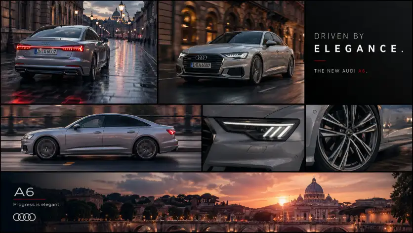 Create a cinematic multi-panel automotive collage featuring a luxury silver Audi A6 driving through a historic European city at dusk, arranged in a clean grid layout with thin black borders between frames. Include dynamic angles like rear motion shot on wet streets with reflections, front three-quarter driving view, side profile in motion blur, and close-up details of headlights and alloy wheels. Add one panel with minimal dark background and bold modern typography reading a short tagline, and another wide panel showing a scenic city landmark at sunset with subtle branding text. Use moody lighting, soft rain reflections, shallow depth of field, and high-end commercial photography style with rich contrast and elegant color grading, aspect ratio 16:9.