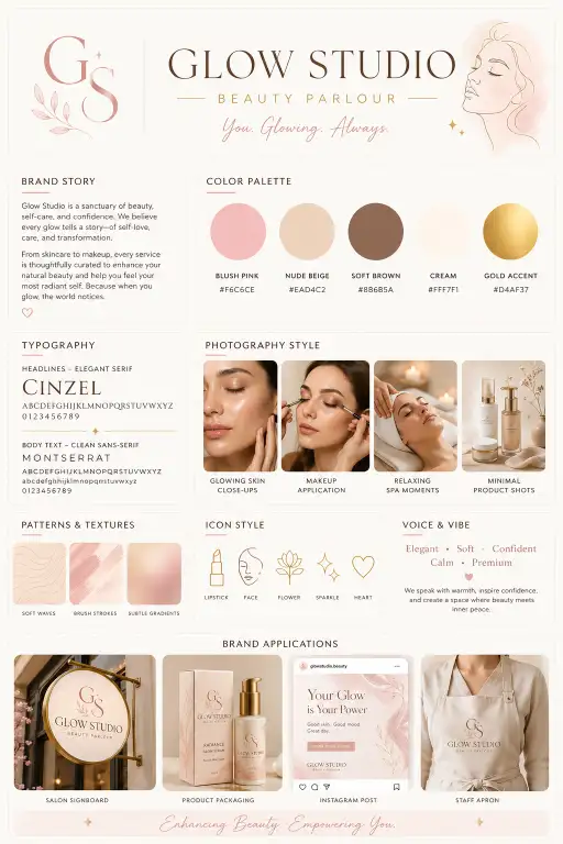 Create a clean and modern brand style guide board for a beauty parlour called "Glow Studio" using a soft, elegant, feminine aesthetic, with a minimal grid-based layout on a light neutral background; include sections for Brand Story with a short warm and premium paragraph about skincare, makeup, and self-care, Color Palette with 5 round swatches and hex codes using blush pink, nude beige, soft brown, cream, and gold accent, Typography showing an elegant serif for headlines and a clean sans-serif for body text with sample alphabet and numbers, Photography Style with small images of glowing skin close-ups, makeup application, relaxing spa moments, and minimal product shots in soft warm lighting, Patterns & Textures with subtle waves, brush strokes, or gradients, Icon Style with simple line icons like lipstick, face, flower, sparkle, and heart, Brand Applications including mockups of a salon signboard, product packaging, Instagram post, and staff apron, plus a Voice & Vibe section using keywords like elegant, soft, confident, calm, and premium, with soft shadows, rounded elements, lots of white space, warm lighting, and a high-end beauty branding look, aspect ratio 4:5.