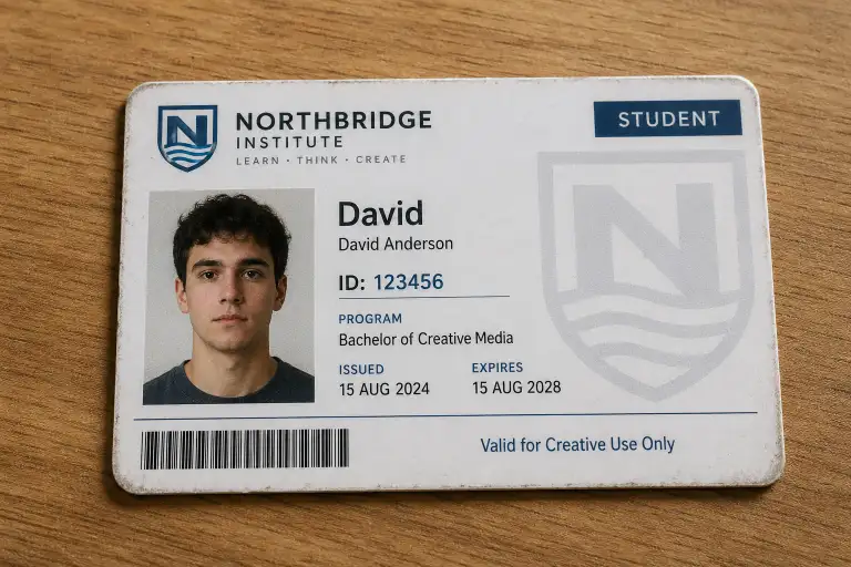 Create a realistic fictional university ID card designed as a prop, placed on a wooden desk with soft natural lighting and subtle shadows, featuring a generic portrait photo of a person with a neutral expression, clean modern layout with a minimal grid structure, include a made-up university name like "Northbridge Institute" with a simple abstract logo, add clearly fictional text such as "David" "ID: 123456," and "Valid for Creative Use Only," include design elements like a barcode, faint watermark pattern, and light texture wear on the card edges, use a neutral color palette with white, soft gray, and one accent color like deep red or blue, ensure all details look professional but avoid any real institution names or realistic credentials, high detail, sharp focus, photorealistic style, 3:2 aspect ratio.