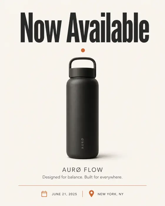 Create a minimalist product launch poster with a single centered product silhouette on an off-white background. Place a bold sans-serif headline at the top reading "Now Available" in deep charcoal. Below the product, add a smaller subtitle in muted gray with the product name and tagline. Use a thin horizontal rule above the date and location at the bottom. Color palette is cream, charcoal, and a single accent color of burnt orange. Add a subtle drop shadow under the product for depth. Style is editorial, Scandinavian, gallery-print quality. Use aspect ratio 4:5.