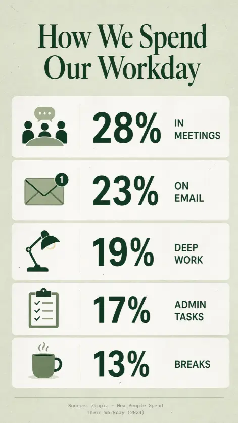 Create a clean infographic titled "How We Spend Our Workday" with five horizontal stat blocks stacked vertically. Each block has a small flat-design icon on the left, a large percentage number in the center using bold sans-serif, and a short two-word label on the right. The five stats are: 28% in meetings, 23% on email, 19% deep work, 17% admin tasks, 13% breaks. Background is a soft sage green with white stat blocks and a subtle paper texture. Header at the top in dark forest green serif. Footer line at the bottom with a small source citation in light gray. Style is modern editorial infographic. Use aspect ratio 9:16.