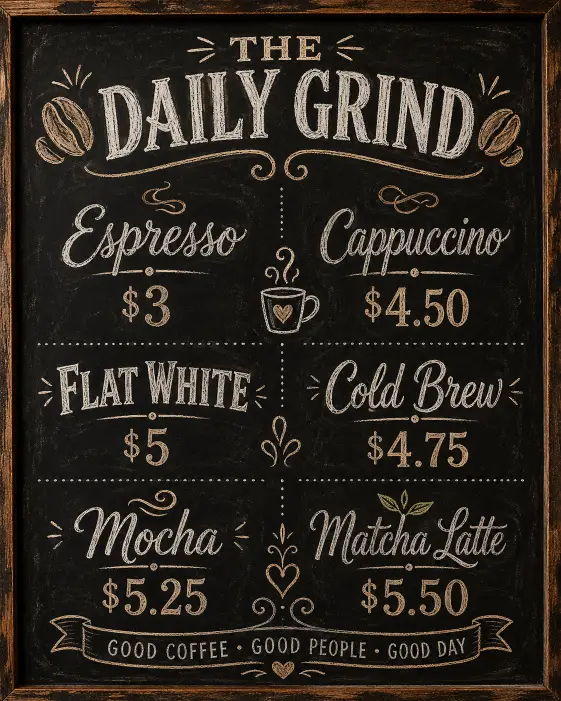 Create a vintage coffee shop menu board with a chalkboard-style background in deep matte black. Header at the top reads "THE DAILY GRIND" in hand-drawn chalk lettering with small coffee bean illustrations on either side. Below, list six drinks in two columns of three: Espresso $3, Cappuccino $4.50, Flat White $5, Cold Brew $4.75, Mocha $5.25, Matcha Latte $5.50. Use a mix of script and bold all-caps chalk fonts for variety. Add small decorative chalk doodles between sections like steam swirls and a tiny mug icon. Soft warm tones to mimic café interior glow. Style is hand-drawn, rustic, café signage aesthetic. Use aspect ratio 4:5.
