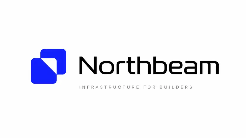 Create a modern tech startup logo concept centered on a pure white canvas. The logo combines a geometric mark on the left, made of two overlapping rounded squares forming a subtle abstract letter shape, with the wordmark "Northbeam" on the right in a custom-feeling sans-serif with slightly extended letterforms. The mark is in a deep electric blue and the wordmark is in matte black. Below the logo, place a thin tagline reading "Infrastructure for builders" in light gray small caps. Generous white space around the layout. Style is clean Silicon Valley brand identity, gallery presentation. Use aspect ratio 16:9.