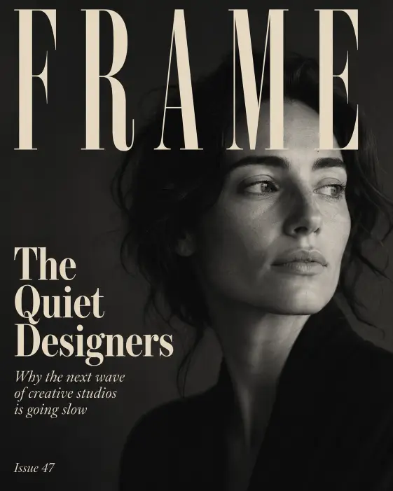 Create an editorial magazine cover for a publication titled "FRAME" set in tall condensed serif at the top of the page in cream. The cover photo is a soft black and white portrait of a woman looking off to the side, taking up the full background with deep moody shadows. Overlay headlines on the left side in a vertical stack: a large feature title reading "The Quiet Designers" in bold cream serif, a smaller subtitle reading "Why the next wave of creative studios is going slow" in light italic serif, and a small issue number "Issue 47" in the bottom corner. Style is high-end editorial print magazine. Use aspect ratio 4:5.