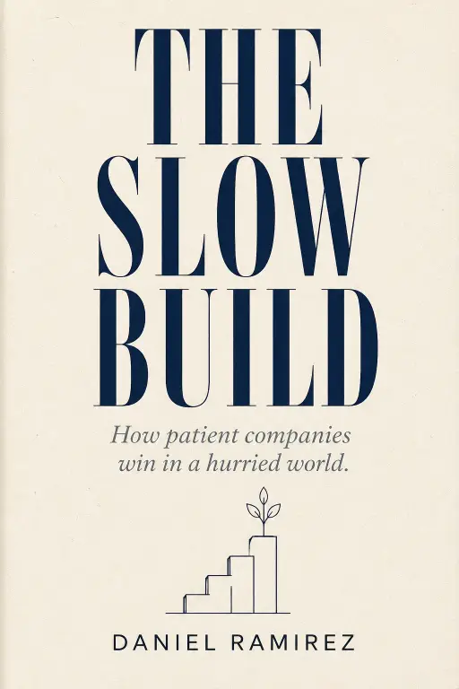 Create a book cover concept for a nonfiction title called "The Slow Build" with the subtitle "How patient companies win in a hurried world." The title is set in large condensed serif type filling the upper half of the cover in deep navy. The subtitle sits in smaller italic serif below in muted slate. Author name reads "Daniel Ramirez" in clean sans-serif at the bottom. Background is a textured cream paper with a single small geometric line illustration in the center showing a slow-growing plant or upward staircase. Style is premium nonfiction hardcover, Penguin Press aesthetic. Use aspect ratio 2:3.