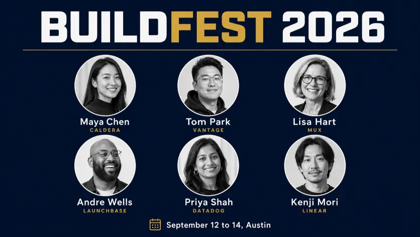 Create a conference speaker lineup graphic with the event name "BUILDFEST 2026" in bold display sans-serif across the top. Below, arrange a 3 by 2 grid of six circular speaker portraits in black and white, each with the speaker name in clean sans-serif beneath the circle and their company in small caps below the name. Use placeholder names like "Maya Chen," "Tom Park," "Lisa Hart," "Andre Wells," "Priya Shah," and "Kenji Mori." Background is a deep navy with a thin gold horizontal rule separating the title from the grid. Add the event date "September 12 to 14, Austin" at the very bottom. Style is modern tech conference branding. Use aspect ratio 16:9.