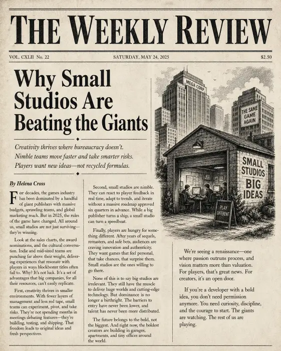 Create a newspaper-style editorial layout with a masthead at the top reading "THE WEEKLY REVIEW" in heavy black serif. Below, set a multi-column article layout with a large feature headline reading "Why Small Studios Are Beating the Giants" in bold serif, a deck of three smaller subheads, and three columns of placeholder body text in classic newspaper serif. Add a small black and white illustration on the right side wrapping into the columns. Include a byline reading "By Helena Cross" in italic. Background is aged off-white newsprint paper with subtle texture. Style is classic broadsheet newspaper. Use aspect ratio 4:5.