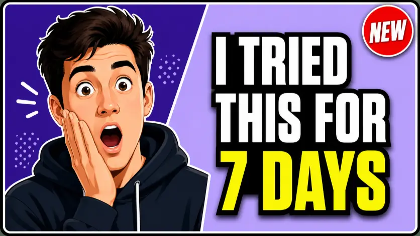 Create a YouTube thumbnail for a design tutorial video. Left half features a stylized illustration of a person with an exaggerated surprised expression, eyes wide and one hand on their cheek, in a flat modern illustration style. Right half has a bold blocky headline reading "I Tried This for 7 Days" stacked on three lines in heavy condensed sans-serif, with the words "7 Days" highlighted in bright yellow. Background is split diagonally with a deep purple on the left and a softer lavender on the right. Add a small red circular badge in the top right corner reading "NEW" in white. Include a thin white outline around the entire layout for separation. Style is modern YouTube creator thumbnail, high-contrast and clickable. Use aspect ratio 16:9.