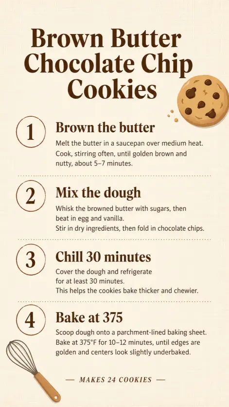 Create a step-by-step recipe graphic titled "Brown Butter Chocolate Chip Cookies" with the title in warm brown bold serif at the top. Below, lay out four numbered steps in a vertical stack, each with a small circled number on the left, a bold step heading, and two lines of instruction text. The four steps are: Brown the butter, Mix the dough, Chill 30 minutes, Bake at 375. Background is a warm cream with a subtle linen texture. Add a small flat-design cookie illustration in the top right corner and a small whisk icon in the bottom left. Footer reads "Makes 24 cookies" in italic small caps. Style is modern food blog graphic. Use aspect ratio 9:16.