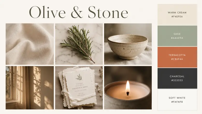 Create a brand mood board layout with the brand name "Olive & Stone" at the top in elegant serif. Below, arrange a six-panel grid: top row has three squares showing a cream linen fabric texture, a sprig of fresh rosemary on a marble surface, and a hand-thrown ceramic bowl. Bottom row shows three more squares with warm afternoon light through a window, a stack of unbleached paper invitations, and a close-up of a candle flame. To the right of the grid, place a vertical color palette strip with five swatches labeled with hex codes: warm cream, sage, terracotta, charcoal, and soft white. Background of the full layout is a soft off-white. Style is wedding stationery brand mood board. Use aspect ratio 16:9.