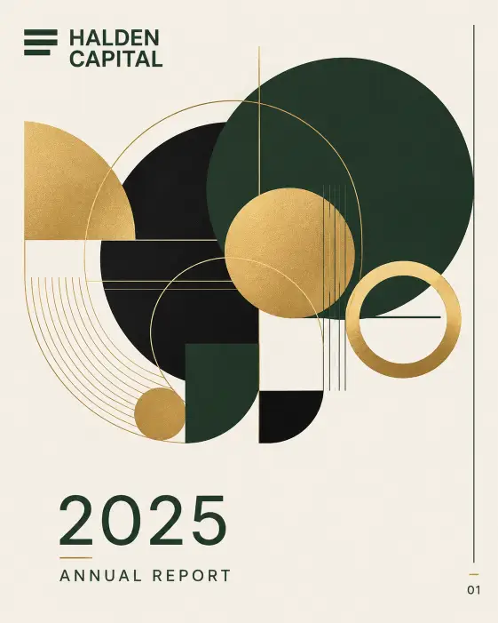Create an annual report cover page for a company called "Halden Capital" with the year "2025 Annual Report" set in the bottom third in clean sans-serif. The top two-thirds of the page features a large abstract geometric composition made of overlapping circles and lines in deep forest green, gold, and matte black on a warm bone background. The company name appears in the top left in bold sans-serif, with a small horizontal logo mark next to it. Add a thin vertical rule on the right edge with a small page indicator at the bottom. Style is premium corporate design, investor report aesthetic. Use aspect ratio 4:5.
