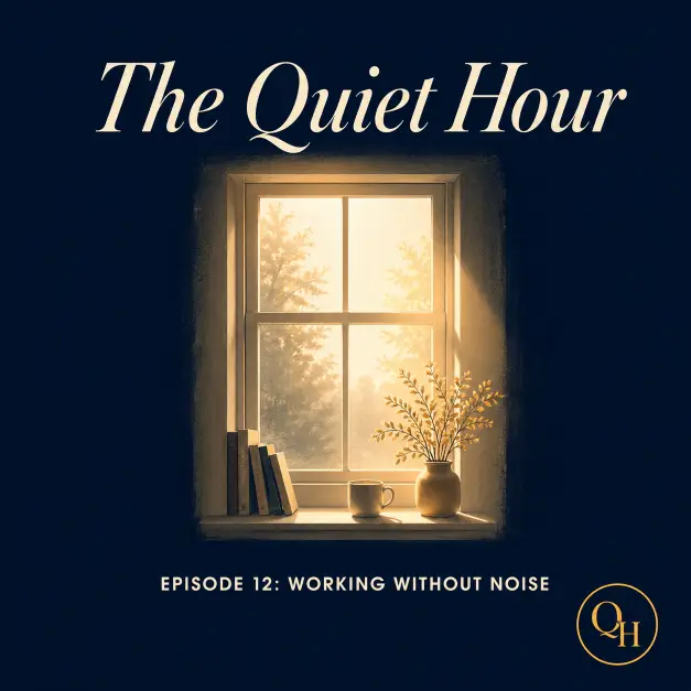 Create a podcast episode cover for a show called "The Quiet Hour." The main visual is a stylized illustration of a single window with soft morning light coming through, set against a deep navy background. The show title appears at the top in cream italic serif. Below the illustration, in smaller bold sans-serif, set the episode title "Episode 12: Working Without Noise." Add a small "QH" monogram in a circle at the bottom corner. Color palette is deep navy, cream, and a single warm gold accent. Add a soft glow effect on the illustrated window. Style is contemplative, slow-living podcast brand. Use aspect ratio 1:1.