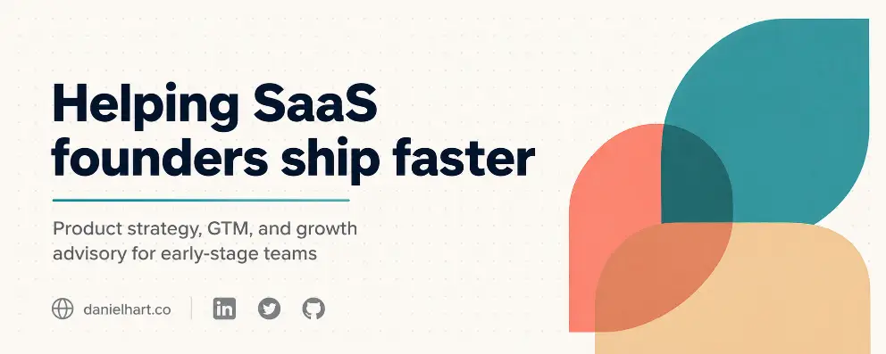Create a LinkedIn banner for a personal brand with the headline "Helping SaaS founders ship faster" set in bold sans-serif on the left side in dark navy. Below the headline, add a smaller two-line subtitle reading "Product strategy, GTM, and growth advisory for early-stage teams" in medium gray. On the right side, place a clean abstract geometric composition of three overlapping rounded shapes in shades of teal, soft coral, and warm beige. Background is a soft off-white with a subtle dotted grid pattern. In the bottom left corner, add a small website link "danielhart.co" and three small social icons in muted gray. Add a thin horizontal accent line in teal under the headline. Style is modern personal brand, advisor and consultant aesthetic. Use aspect ratio 4:1.