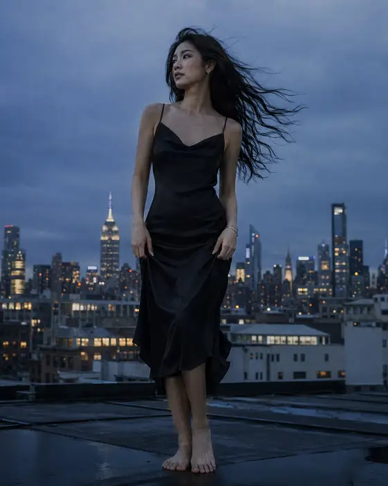 Create a fashion portrait of a young woman standing alone on a city rooftop at blue hour, looking off into the distance with a thoughtful expression. She is wearing a black satin slip dress and no shoes, with a thin silver chain bracelet. Her long dark hair is blowing strongly to one side from the wind. Her arms are relaxed at her sides with her hands lightly touching the fabric of her dress. Shoot from a slightly low angle to include the city skyline glowing softly behind her. Use cool blue and gray tones with a hint of warm window light from distant buildings. Add fine grain and an editorial fashion mood. Use aspect ratio 4:5.