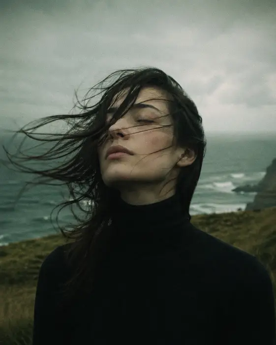 Create a moody film-style portrait of a young woman standing alone on a grassy coastal cliff at dusk with strong wind blowing her dark hair sideways across half of her face. She is wearing a fitted black turtleneck and no jewelry. Her chin is slightly lifted and her eyes are closed with a calm, surrendered expression as the wind hits her. Shoot at eye level, tightly framed from the chest up. Behind her is a soft hazy ocean horizon with cool muted teal and pale gray tones. Use overcast diffused light with a slight green color cast, heavy analog film grain, and a quiet emotional editorial mood. Use aspect ratio 4:5.