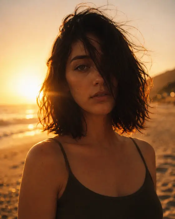 Create a film-style sunset portrait of a young woman standing on a quiet beach at golden hour, looking calmly into the camera with a faint, almost-sad expression. She is wearing a thin-strap dark olive green tank top and no jewelry. Her shoulder-length dark hair is windswept with one full section falling diagonally across one eye. Shoot at eye level with the sun setting directly behind her left shoulder, creating strong warm rim light around her hair and a soft golden lens flare across the frame. The background is a hazy blurred beach with warm bokeh from the low sun. Use rich amber and orange tones with cinematic film grain and a soft analog haze. Use aspect ratio 4:5.