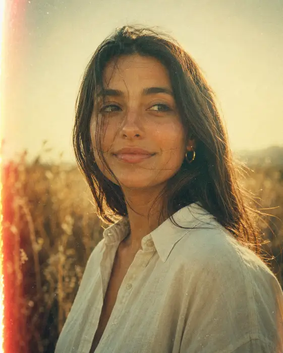 Create a vintage film-style portrait of a young woman standing in a tall dry summer field at late afternoon, looking softly off-camera with a quiet half-smile. She is wearing a slightly oversized cream button-up linen shirt with the top button undone and small gold hoop earrings. Her dark hair is loose, lightly windblown, with a few strands falling across her cheek. Shoot at eye level, tightly framed from the chest up with a shallow depth of field. The background is a soft blur of golden tall grass and a hazy warm sky. Use warm overexposed tones, heavy 35mm film grain, slight light leaks at the edges, and a faded analog color shift toward green and amber. Use aspect ratio 4:5.