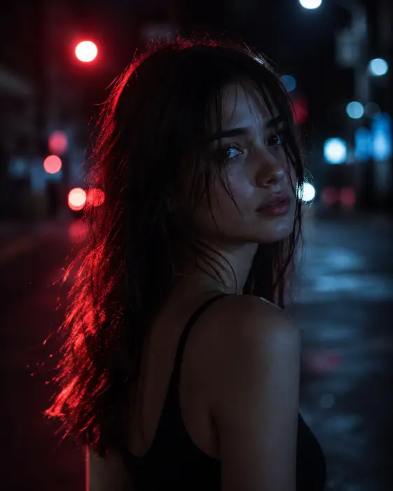 Create a cinematic close-up portrait of a young woman standing on a quiet city street at night, half turned away from the camera and looking back over her shoulder with a soft, unreadable expression. She is wearing a plain black tank top with thin straps and no jewelry. Her dark hair falls past her shoulders with a few strands across her face. A strong deep red light source behind her glows through her hair, rim-lighting the strands and casting a red halo, while a soft cool blue from a nearby streetlamp hits the front of her face. Shoot at eye level with shallow depth of field. The background is a deeply blurred dark street with red and blue bokeh. Use moody contrast, fine cinematic film grain, and a quiet emotional mood. Use aspect ratio 4:5.