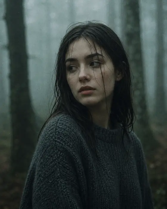 Create a moody cinematic portrait of a young woman standing in a misty forest in early morning, looking softly off-camera with a calm, distant expression. She is wearing a charcoal gray oversized knit sweater and no visible jewelry. Her dark hair is loose, slightly damp, with a few strands falling across her face. Shoot at eye level with a shallow depth of field, framed from the chest up. The background is a soft blur of dark tree trunks and thick pale gray fog. Use cool green and teal tones with desaturated colors, heavy film grain, and a quiet, melancholic mood. Use aspect ratio 4:5.