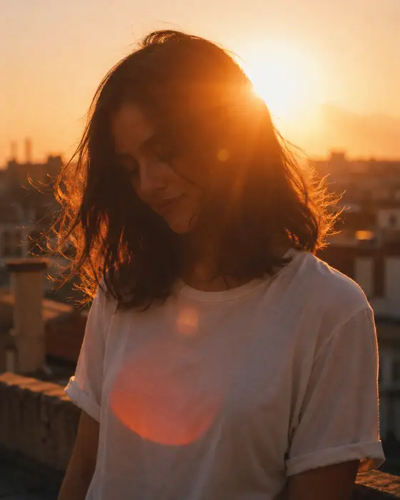 Create a backlit film-style portrait of a young woman standing on a quiet rooftop at sunset, looking down with her eyes nearly closed and a faint smile. She is wearing a plain white cotton t-shirt with the sleeves slightly rolled and no jewelry. Her dark shoulder-length hair is loose and lightly windblown, with strands curling around her jaw. Shoot at eye level with the sun directly behind her head, creating a strong warm halo and a heavy lens flare across the frame. Most of her face is in soft shadow with only the edges glowing warm. The background is a soft hazy blur of warm sky and distant rooftops. Use rich amber and orange tones with cinematic film grain and a slow, peaceful mood. Use aspect ratio 4:5.
