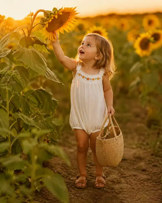 Create a heartwarming photo of a 3-year-old toddler standing in a tall sunflower field during golden hour. The child is wearing a white cotton romper with small embroidered flowers along the neckline and little brown leather sandals. They are reaching up with one hand to touch a sunflower that bends slightly toward them, while the other hand holds a small straw basket. Their expression is one of wonder, mouth slightly open, eyes wide and looking up at the flower. The camera is at the child's eye level, shooting straight on with a shallow depth of field. The background is a soft blur of yellow sunflower heads and green stalks stretching into the distance under a warm, glowing sky. Golden amber tones fill the frame with gentle lens flare from the low sun. Shot with an 85mm portrait lens, lifestyle photography aesthetic. Use aspect ratio 4:5.
