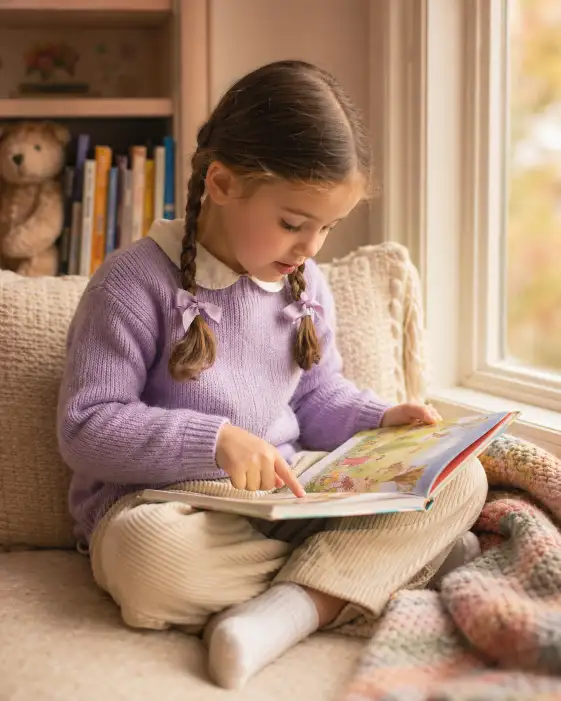 Create a warm indoor portrait of a 5-year-old girl sitting cross-legged in a cozy window nook, deeply focused on a colorful picture book open on her lap. She is wearing a soft lavender knit sweater over a white collared blouse and cream corduroy pants with white socks. Her hair is in two neat braids with small ribbon bows at the ends. She is leaning slightly forward, one finger tracing the page as she reads. The window beside her lets in soft, diffused afternoon light that creates a gentle glow on her face and the pages of the book. The nook has a plush cream cushion and a knitted throw blanket in muted pastels draped to one side. The camera is positioned at the child's level from slightly to the right, capturing her profile and the book. Warm, soft tones with a cozy indoor aesthetic. Shot with a 50mm lens, shallow depth of field. Use aspect ratio 4:5.