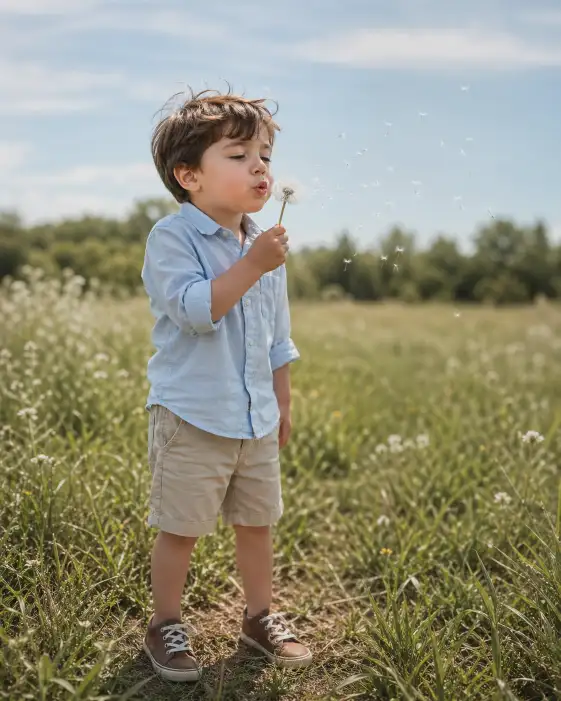 Create a candid outdoor photo of a 4-year-old boy standing in a grassy meadow, holding a fluffy dandelion close to his lips and blowing the seeds into the air. He is wearing a light blue linen button-up shirt with the sleeves rolled up to his elbows and khaki shorts with brown canvas sneakers. His hair is slightly tousled from the breeze. His cheeks are puffed out mid-blow, and tiny white dandelion seeds are floating through the air in front of him. The camera is at the child's eye level, slightly off to the side to capture the seeds drifting across the frame. The background is a soft, blurred meadow of green grass and wildflowers under a pale blue sky with wispy clouds. Warm natural light with gentle shadows. Shot with a 50mm lens, shallow depth of field, candid lifestyle aesthetic. Use aspect ratio 4:5.