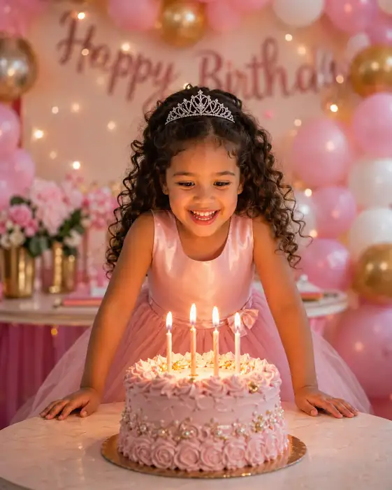 Create a vibrant indoor portrait of a 5-year-old girl standing behind a small round table with a beautifully decorated birthday cake with pink frosting and lit candles in front of her. She is wearing a soft pink tulle dress with a satin bodice and a small sparkly tiara nestled in her curly hair. She is leaning forward slightly with both hands on the edge of the table, about to blow out the candles, with a big excited smile showing her tiny teeth. The room behind her is decorated with pastel balloons in pink, gold, and white, and a banner that reads "Happy Birthday" is slightly out of focus. The camera is at her eye level, capturing her expression and the glowing candles. Warm indoor lighting mixed with the golden glow of the candle flames. Festive, joyful tones with a soft, dreamy quality. Shot with a 50mm lens, shallow depth of field. Use aspect ratio 4:5.
