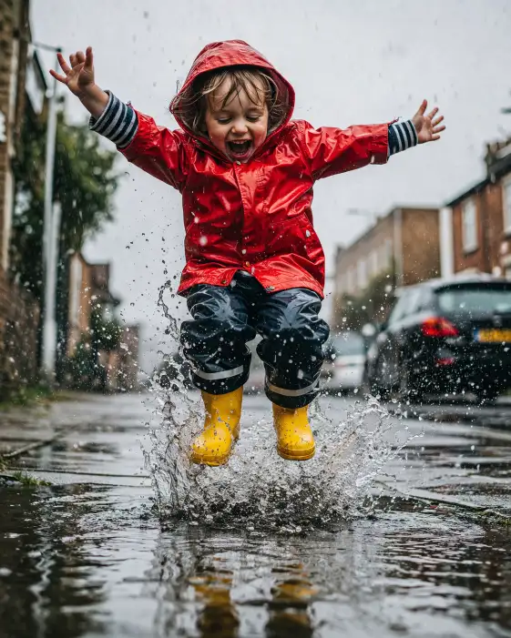Create a dynamic outdoor photo of a 4-year-old child mid-jump into a large rain puddle on a wet sidewalk, water splashing up around their bright yellow rain boots. They are wearing a red hooded raincoat over a striped long-sleeve shirt and dark waterproof pants. Their arms are spread wide and their face shows pure delight with a wide open-mouthed laugh. Raindrops are visible in the air around them. The camera is at a low angle, almost ground level, shooting upward slightly to emphasize the jump and the splash. The background shows a blurred residential street with wet pavement, a few parked cars, and overcast gray sky with soft diffused light. Cool, moody tones with pops of warm color from the raincoat and boots. Shot with a 35mm lens, fast shutter speed to freeze the splash, photojournalistic candid style. Use aspect ratio 4:5.