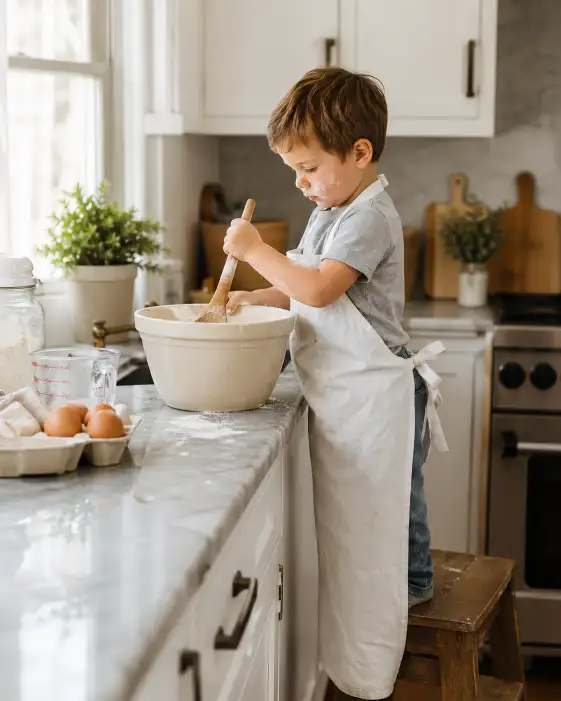 Create an adorable indoor photo of a 3-year-old boy standing on a small wooden step stool at a kitchen counter, pretending to stir a bowl of batter with a large wooden spoon. He is wearing a white chef's apron that is comically too big for him, tied loosely at the back, over a plain light gray t-shirt and blue jeans. There is a dusting of flour on his cheeks and the tip of his nose, and he is looking down into the bowl with a serious, concentrated expression. On the counter beside him are a few eggs, a measuring cup, and a small pile of flour. The kitchen is bright and modern with white cabinets and a marble countertop. The camera is positioned at the counter height, shooting across at the child from the side. Bright, clean natural light from a window on the left side. Warm, homey tones with a lifestyle photography aesthetic. Shot with a 50mm lens, medium depth of field. Use aspect ratio 4:5.