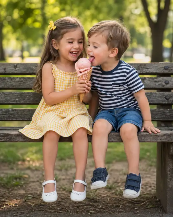 Create a joyful outdoor photo of two siblings, a 6-year-old girl and a 4-year-old boy, sitting side by side on a weathered wooden park bench sharing a large strawberry ice cream cone. The girl is holding the cone with both hands while the boy leans in to take a lick, both of them giggling with ice cream smudges on their lips. The girl is wearing a yellow gingham sundress with white mary jane shoes, and the boy is in a striped navy and white t-shirt with denim shorts and velcro sneakers. Their legs dangle off the bench since their feet don't quite reach the ground. The camera is positioned at their seated eye level, shooting straight on. The background is a softly blurred park scene with lush green trees and dappled sunlight filtering through the leaves. Bright, cheerful tones with warm natural light. Shot with an 85mm lens, shallow depth of field, candid family photography style. Use aspect ratio 4:5.