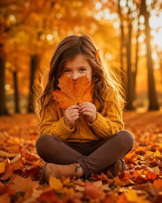 Create a beautiful autumn portrait of a 5-year-old girl sitting on the ground in a park covered with fallen leaves in shades of orange, red, and golden yellow. She is wearing a mustard yellow cable-knit sweater, brown leggings, and small tan ankle boots. She is holding a large orange maple leaf up near her face with both hands, peeking over the top of it with a playful grin. Her hair is loose and slightly windswept with a single small leaf caught in it. The camera is at ground level, shooting slightly upward to capture her against a background of tall trees with remaining autumn foliage and soft afternoon light filtering through the branches. Rich, warm tones with golden and amber hues dominating the frame. Shot with an 85mm lens, shallow depth of field, fine art children's photography style. Use aspect ratio 4:5.