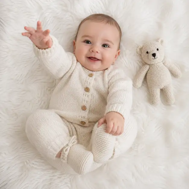 Create a peaceful overhead photo of a 6-month-old baby lying on their back on a thick, fluffy white faux-fur blanket. The baby is wearing a soft cream knitted onesie with tiny wooden buttons and matching knitted booties. They are looking up toward the camera with bright curious eyes and a small, gummy smile, with one hand reaching up and the other holding onto their own foot. A small knitted teddy bear is placed beside them on the blanket. The camera is positioned directly above, looking straight down in a flat-lay perspective. The lighting is soft, even studio light with no harsh shadows, creating a clean, airy feel. Neutral white and cream tones with a minimal, modern newborn photography aesthetic. Shot with a 35mm lens. Use aspect ratio 1:1.