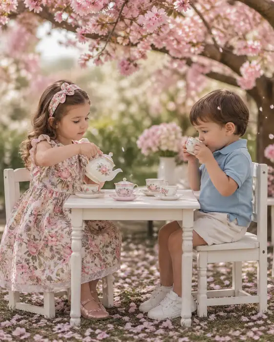 Create a charming outdoor photo of a 4-year-old girl and a 3-year-old boy sitting across from each other at a small white wooden table set up under a blooming cherry blossom tree in a garden. The table has a miniature floral tea set with tiny cups, saucers, and a small teapot. The girl is pretending to pour tea with a serious, grown-up expression, wearing a floral print dress in soft pinks and greens with a matching headband. The boy is holding his tiny cup with both hands and taking a pretend sip, wearing a light blue polo shirt and cream shorts with white sneakers. Cherry blossom petals are falling gently around them. The camera is at their seated eye level, shooting from a slight angle to capture both children and the table setting. Soft, pastel tones with diffused natural light filtering through the blossoms above. Shot with a 50mm lens, shallow depth of field, whimsical children's portrait style. Use aspect ratio 4:5.