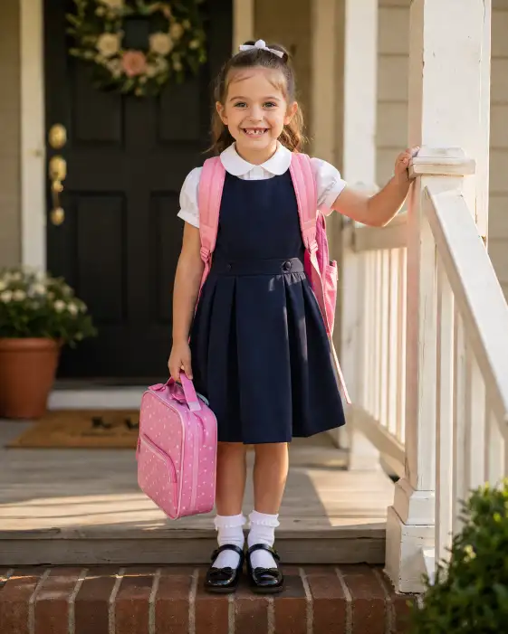 Create a heartfelt outdoor portrait of a 6-year-old girl standing on the front porch of a house, ready for her first day of school. She is wearing a navy blue pinafore dress over a white short-sleeve blouse with white ankle socks and black patent leather shoes. She has a bright pink backpack on her shoulders and is holding a matching pink lunchbox in one hand. Her other hand grips the porch railing. She has a big, slightly nervous smile with her two front teeth missing. Her hair is neatly combed into a ponytail with a small white bow. The front porch has a painted white railing and a potted plant to one side. The camera is at her eye level, positioned on the walkway looking back at the porch. Soft morning light creates a warm glow on her face. Warm, nostalgic tones with a clean, editorial family photography feel. Shot with a 50mm lens, medium depth of field. Use aspect ratio 4:5.