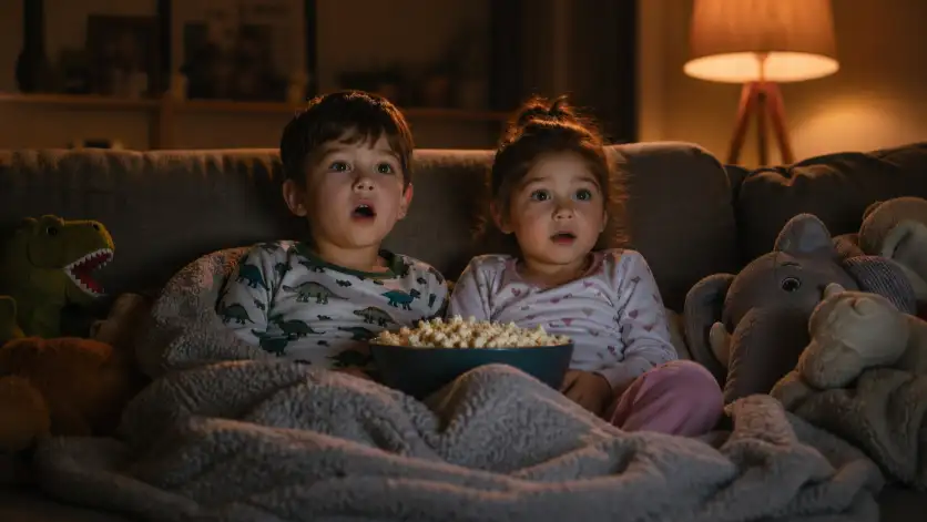 Create a cozy indoor photo of a 5-year-old boy and a 4-year-old girl sitting together on a large couch, wrapped in a big fluffy gray blanket with a large bowl of popcorn between them. The boy is wearing dinosaur-print pajamas and the girl is in soft pink pajama pants with a white long-sleeve top with tiny hearts on it. Both are looking forward with wide, amazed eyes as if watching something exciting on a screen, the glow of the TV reflecting softly on their faces. The room around them is dimly lit with a warm floor lamp in the corner and a few scattered stuffed animals on the couch. The camera is positioned in front of them at couch level, shooting straight on. Warm, low-key indoor lighting with soft amber tones and gentle shadows. Shot with a 35mm lens, medium depth of field, intimate lifestyle photography aesthetic. Use aspect ratio 16:9.