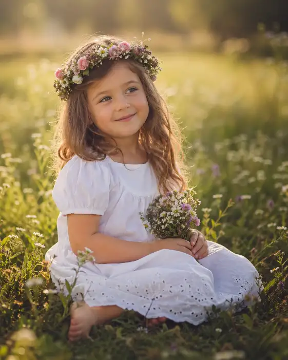 Create a dreamy outdoor portrait of a 4-year-old girl sitting in a lush green meadow dotted with tiny white and purple wildflowers. She is wearing a simple white cotton dress with eyelet lace trim along the hem and short puffed sleeves, with bare feet tucked under her. She has a handmade flower crown of small pink roses, baby's breath, and greenery resting on her head. She is holding a small bunch of freshly picked wildflowers in her lap and looking slightly to the left with a soft, gentle smile. Her hair is loose, falling in soft waves past her shoulders. The camera is at her seated eye level, shooting with a slight tilt for an organic, candid feel. The background is a beautifully blurred meadow fading into soft golden light with hints of distant trees. Warm, ethereal tones with a fine art, painterly quality. Shot with an 85mm lens, very shallow depth of field, fine art children's portrait aesthetic. Use aspect ratio 4:5.