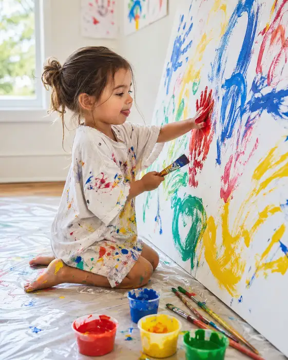 Create a colorful indoor photo of a 4-year-old girl kneeling on a plastic drop cloth on the floor in front of a large white canvas propped against the wall. She is wearing a paint-splattered oversized old t-shirt that hangs past her knees as a smock, with bare feet that have small dabs of blue and yellow paint on them. She is holding a thick paintbrush in one hand and pressing her other palm flat against the canvas, leaving a bright red handprint. Her face shows deep concentration with her tongue sticking out slightly to one side. The canvas already has big, bold swirls of primary colors, handprints, and abstract shapes on it. Small cups of paint in red, blue, yellow, and green sit on the floor beside her along with a few scattered brushes. The room is a bright, airy space with white walls and natural light coming from a large window on the left. Cheerful, vibrant tones with clean natural lighting and soft shadows. Shot with a 35mm lens, medium depth of field, candid lifestyle photography aesthetic. Use aspect ratio 4:5.