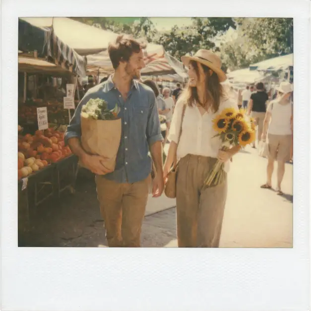 Create a vintage Polaroid photograph of a couple walking through an outdoor farmers market on a bright morning. The man is wearing a chambray shirt with the sleeves rolled up and chinos, carrying a brown paper bag of produce. The woman is wearing a straw hat, a white linen blouse, and wide-leg pants, holding a bunch of sunflowers. They are walking side by side, looking at each other mid-conversation with easy smiles. The background shows market stalls with colorful fruits, hanging fabric awnings, and other shoppers slightly blurred. Bright warm sunlight, slightly washed out highlights, golden and green tones, film grain, faded edges. Shot on Polaroid SX-70 film. Use aspect ratio 1:1.