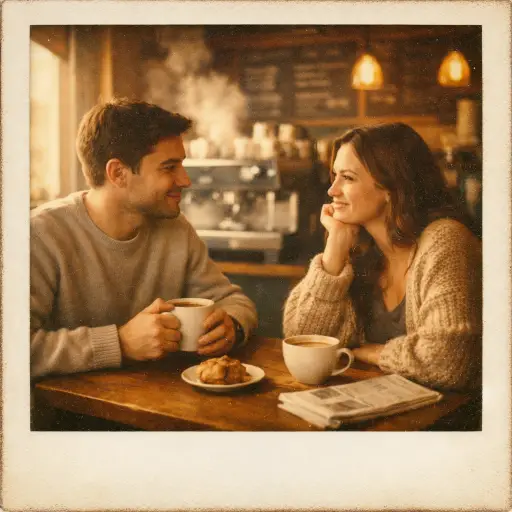 Create a vintage Polaroid photograph of a couple sitting across from each other at a small wooden table in a cozy coffee shop. The man is wearing a simple crewneck sweater and is holding a ceramic mug with both hands, looking at her with a soft smile. The woman is wearing a chunky knit cardigan over a plain top, resting her chin on her hand and smiling back. The table has two coffee cups, a small pastry on a plate, and a folded newspaper. The background shows a steamy espresso machine, chalkboard menu, and warm pendant lights. Soft morning light from a window to the left, warm golden tones, heavy film grain, slightly faded colors, cozy intimate mood. Shot on Polaroid SX-70 film. Use aspect ratio 1:1.