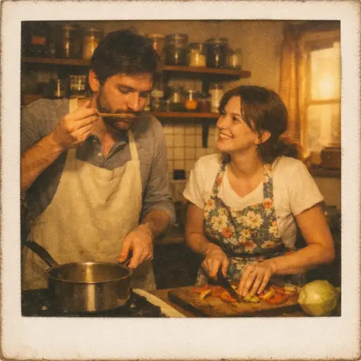 Create a vintage Polaroid photograph of a couple cooking together in a small apartment kitchen. The man is wearing a plain apron over a henley shirt, stirring something in a pot on the stove. The woman is standing next to him wearing a floral apron over a simple t-shirt, chopping vegetables on a wooden cutting board. She is looking at him and smiling while he tastes from a wooden spoon. The kitchen has open shelves with jars and spices, a tiled backsplash, and a window with warm light coming through. Cozy warm tungsten tones, soft golden light, heavy film grain, slightly faded colors, homey intimate atmosphere. Shot on Polaroid SX-70 film. Use aspect ratio 1:1.