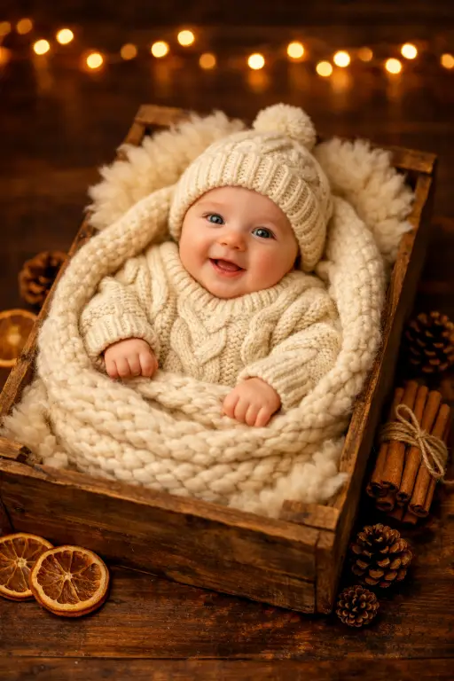 Create a photo of a baby around 5 months old lying inside a soft knitted cocoon blanket in a wooden crate lined with faux sheepskin, wearing a chunky cream-colored cable knit sweater and a matching knitted hat with a small pom-pom. The baby is awake, looking up at the camera with wide bright eyes and a slight open-mouth smile. There are small pinecones, a cinnamon stick bundle, and dried orange slices arranged around the crate. The camera is at a 45-degree angle from above. Warm, soft lighting with a golden tone that mimics firelight. The background is a dark, rich wooden surface with a blurred string of warm fairy lights in the distance. Cozy, warm, holiday-themed newborn photography with deep amber and cream tones. Shot with a 50mm lens. Use aspect ratio 4:5.