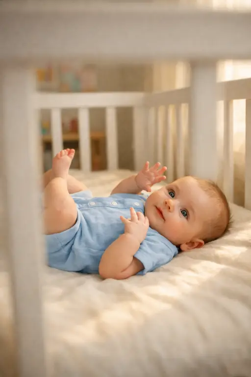 Create a photo of a baby boy around 3 months old lying on his back in a white wooden crib, wearing a light blue cotton romper with small white buttons. His tiny legs are kicking slightly in the air and his hands are near his face, fingers spread. He has bright curious eyes and a soft expression. The camera is positioned at crib rail height, shooting through the slats at a slight angle. Warm natural light streams in from a nearby window with sheer white curtains, casting soft shadows across the crib sheet. The nursery background is blurred, showing hints of pastel wall art and a small bookshelf. Gentle, warm, lifestyle photography style with muted tones. Shot with a 50mm lens. Use aspect ratio 4:5.