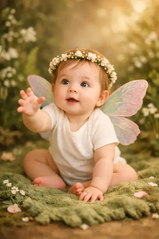 Create a photo of a baby girl around 7 months old sitting on soft moss-like green fabric on the floor, wearing a simple white cotton onesie and delicate pastel fairy butterfly wings strapped to her back. She has a thin floral crown of tiny white and pink flowers on her head. She is reaching one hand forward as if trying to catch something, with a look of wonder on her face. The camera is at the baby's eye level, shooting from slightly to the side. Soft, even lighting with a warm golden glow that mimics enchanted forest light. The background is a lush arrangement of faux greenery, small ferns, white wildflowers, and a few scattered flower petals on the ground around her. Dreamy, magical, styled baby photography with soft greens and warm pastels. Shot with an 85mm lens, very shallow depth of field. Use aspect ratio 4:5.