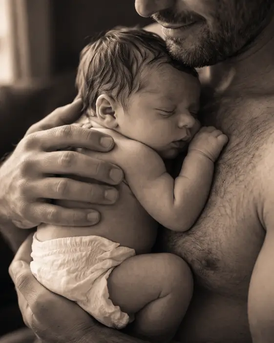 Create a close-up photo of a father holding a tiny newborn baby against his bare chest, with one large hand gently supporting the baby's back and head. The baby is wearing only a small white diaper and is curled up with eyes closed, sleeping peacefully. The father's face is partially visible from the chin down, with a slight smile. The camera is at chest height, shooting at a close range with a tight crop. Soft, warm side lighting from a window on the left creates gentle highlights on the baby's skin and soft shadows on the father's chest. The background is dark and blurred, keeping all focus on the pair. Intimate, emotional, black and white with warm undertones. Shot with a 50mm lens, very shallow depth of field. Use aspect ratio 4:5.