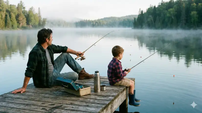 Create a serene photo of a father and his young son sitting side by side on a weathered wooden dock at the edge of a calm lake in the early morning. Both are holding fishing rods with lines cast into the still water. The father is leaning back slightly on one hand with a relaxed posture, wearing a dark green flannel shirt over a grey t-shirt, worn-in jeans, and brown leather boots. The boy is sitting with his legs dangling over the edge of the dock, wearing a plaid flannel shirt, khaki shorts, and small rubber boots. A tackle box and a thermos sit between them. The camera is positioned behind and slightly to the side, capturing them from a three-quarter angle with the lake stretching out ahead. Soft morning mist hovers over the water with cool blue and sage green tones and gentle diffused light. Shot with a 35mm lens, medium depth of field, nostalgic outdoor aesthetic. Use aspect ratio 16:9.