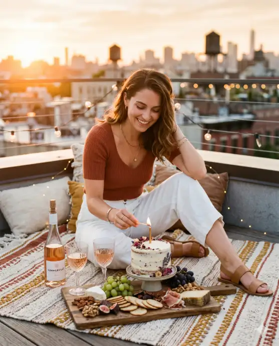 Create a photo of a young woman sitting on a boho-style woven blanket spread out on a rooftop terrace at golden hour. She is wearing a rust-colored ribbed knit top and high-waisted white linen pants with tan leather sandals. Her hair is down and tucked behind one ear. In front of her is a small charcuterie board, a mini birthday cake with white frosting and dried flower decorations on top, and two glasses of rosé. She is reaching forward to light the candle on the cake with a long match, looking down at it with a focused, happy expression. The camera is at ground level on the blanket, shooting slightly upward. Behind her, a warm golden sunset glows over a city skyline with water towers and brick buildings softly blurred in the background. Warm amber and peach tones with natural lens flare from the sun. Relaxed, lifestyle, golden hour editorial style. Shot with a 35mm lens, shallow depth of field. Use aspect ratio 4:5.