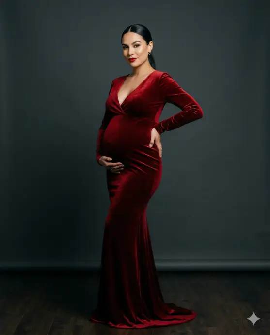 Create a studio maternity portrait of a woman standing at a slight angle to the camera, one hand on her hip and the other cradling the underside of her belly. She is wearing a form-fitting, floor-length deep red velvet gown with long sleeves and a plunging V-neckline. Her hair is slicked back into a sleek low ponytail. Her makeup is polished with a bold red lip and defined brows. The camera is at chest height, shooting straight on with a centered composition. Professional studio lighting with a key light from the upper left creating soft shadows on one side of her face and body. The background is a solid deep charcoal gray seamless backdrop. Dramatic, high-fashion maternity editorial style with rich red and dark tones. Shot with a 70mm lens, medium depth of field. Use aspect ratio 4:5.