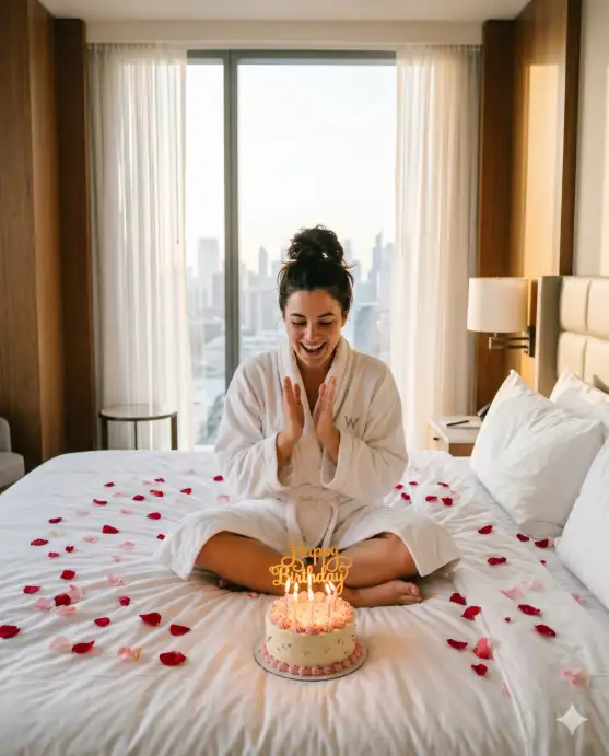 Create a photo of a young woman sitting cross-legged on a king-size hotel bed covered in white linen and scattered rose petals. She is wearing a plush white hotel bathrobe with her hair up in a messy bun. In front of her on the bed is a small round birthday cake with lit candles and a gold "Happy Birthday" cake topper. She is clapping her hands together with a surprised, delighted expression. The camera is at bed height, shooting from the foot of the bed toward her. The room has floor-to-ceiling windows behind her with soft morning light streaming in, sheer white curtains, and a city skyline visible in the distance. Soft, warm, natural light with a clean and luxurious feel. Lifestyle, candid style. Shot with a 35mm lens. Use aspect ratio 4:5.